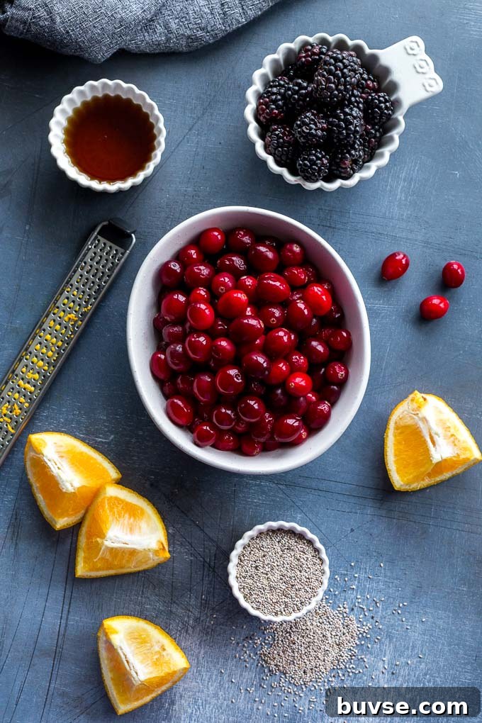 Overhead view of ingredients to make refined sugar-free cranberry sauce.