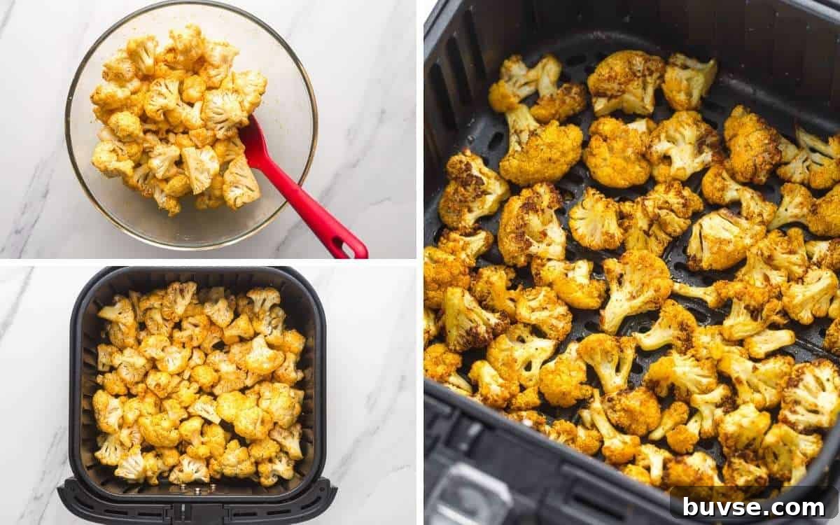 A collage with 3 images with steps how to make air fry cauliflower
