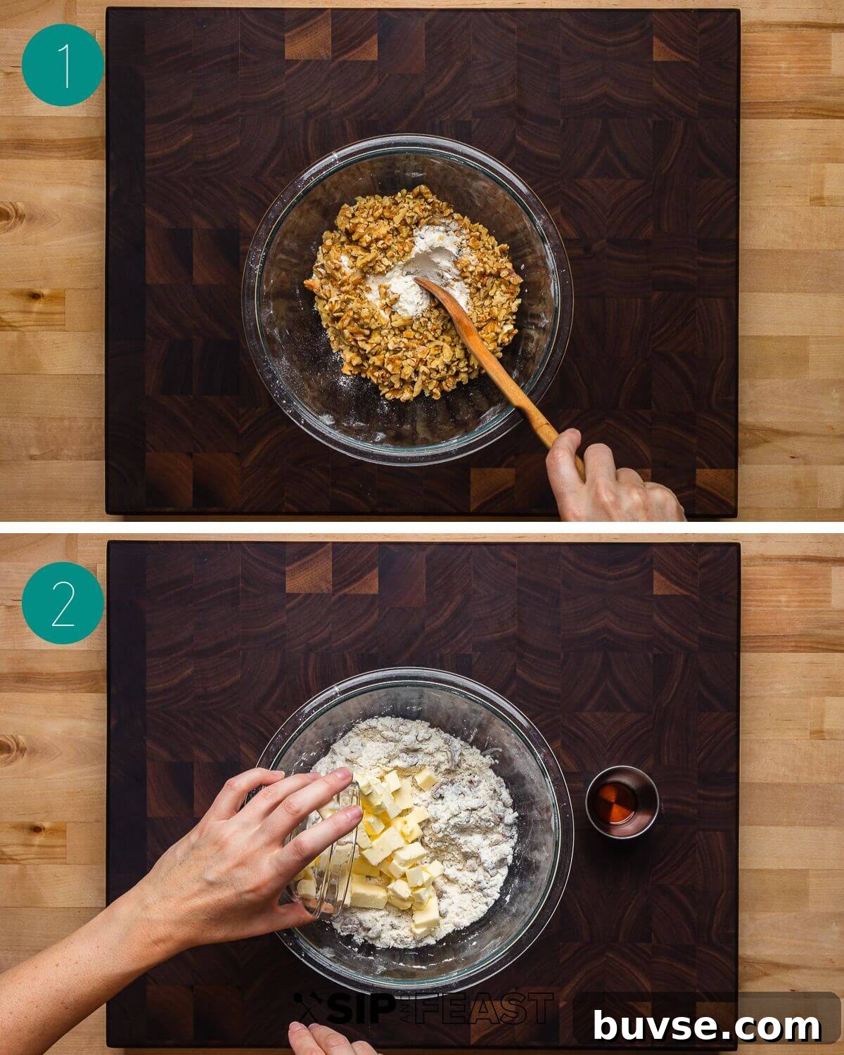 Walnut snowball cookies recipe process shot collage group number one showing chopped nuts in a bowl and the bowl with added butter and flour.