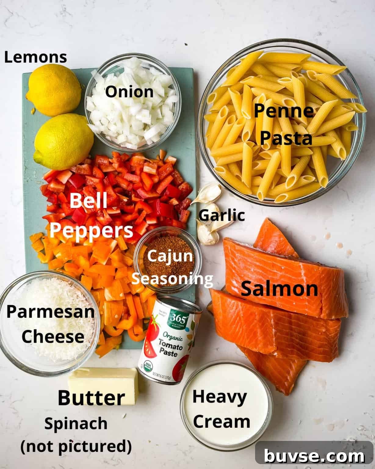 ingredients to make cajun salmon pasta - salmon, cajun seasoning, tomato paste, heavy cream, butter, onion, bell peppers, lemons, parmesan cheese, garlic, and pasta.