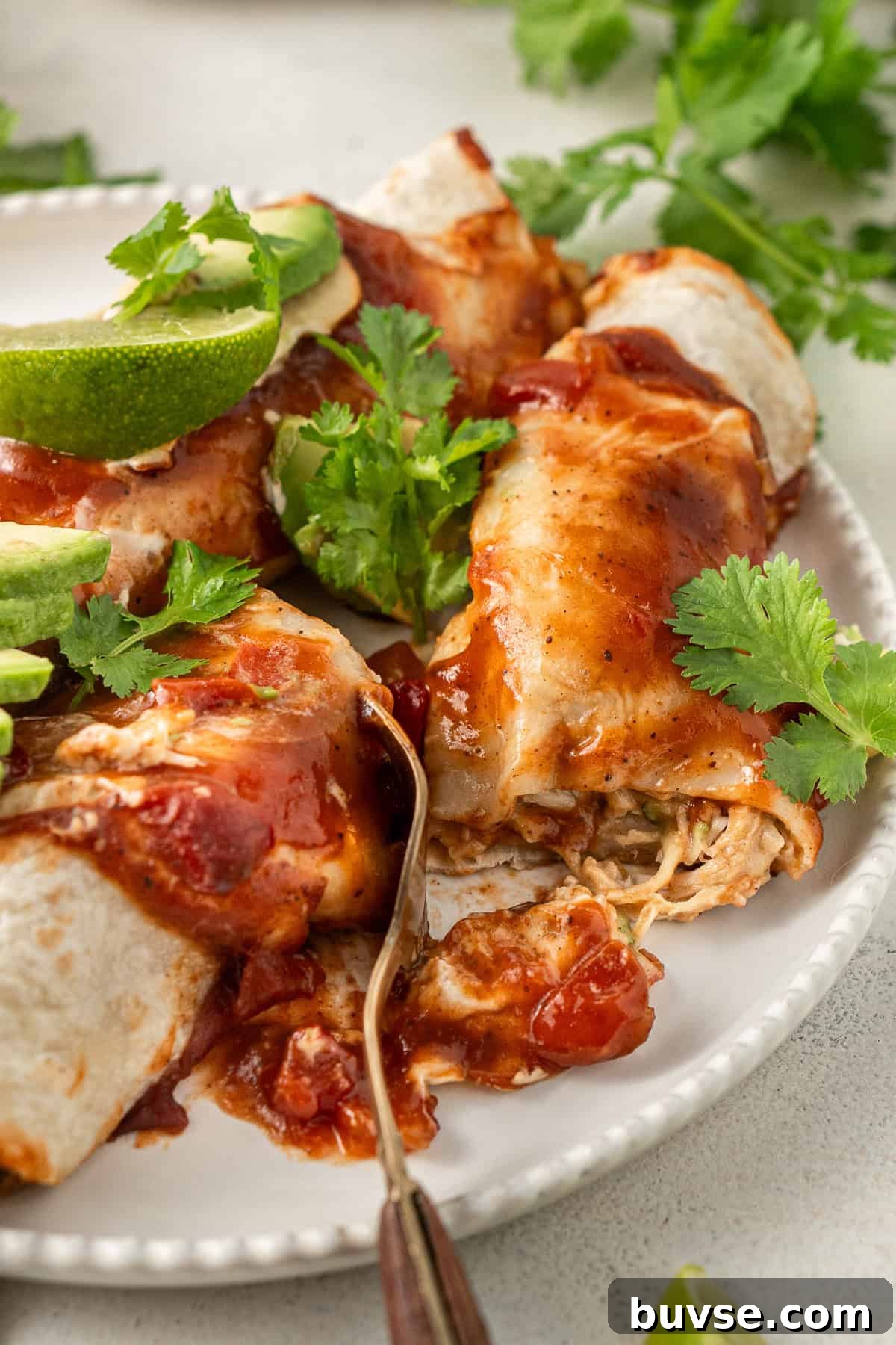 Flavorful Dairy-Free Chicken Enchiladas Recipe 13 Close up of dairy free enchiladas on a plate with a fork breaking one in half to reveal the filling.
