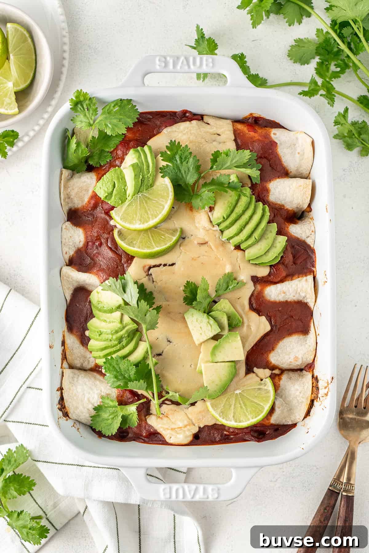 Flavorful Dairy-Free Chicken Enchiladas Recipe 4 The dairy free enchiladas with toppings of lime, avocado and coriander.