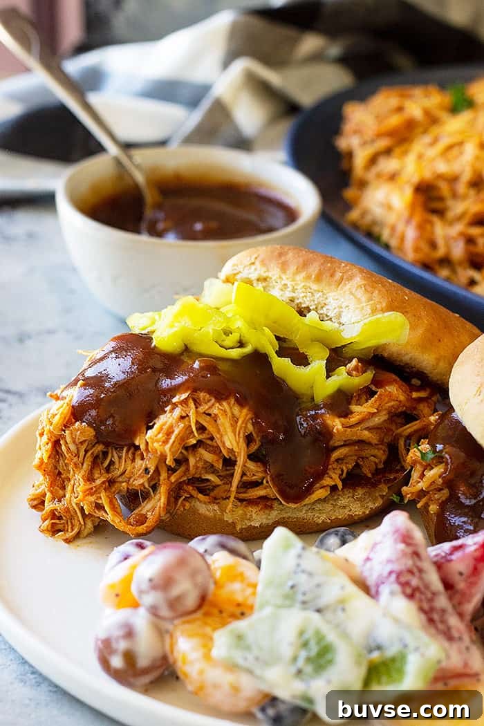 Pantry Recipes: Creative Shelf Cooking with Staples 15 Close up picture of slow cooker bbq chicken on a bun with bbq sauce.