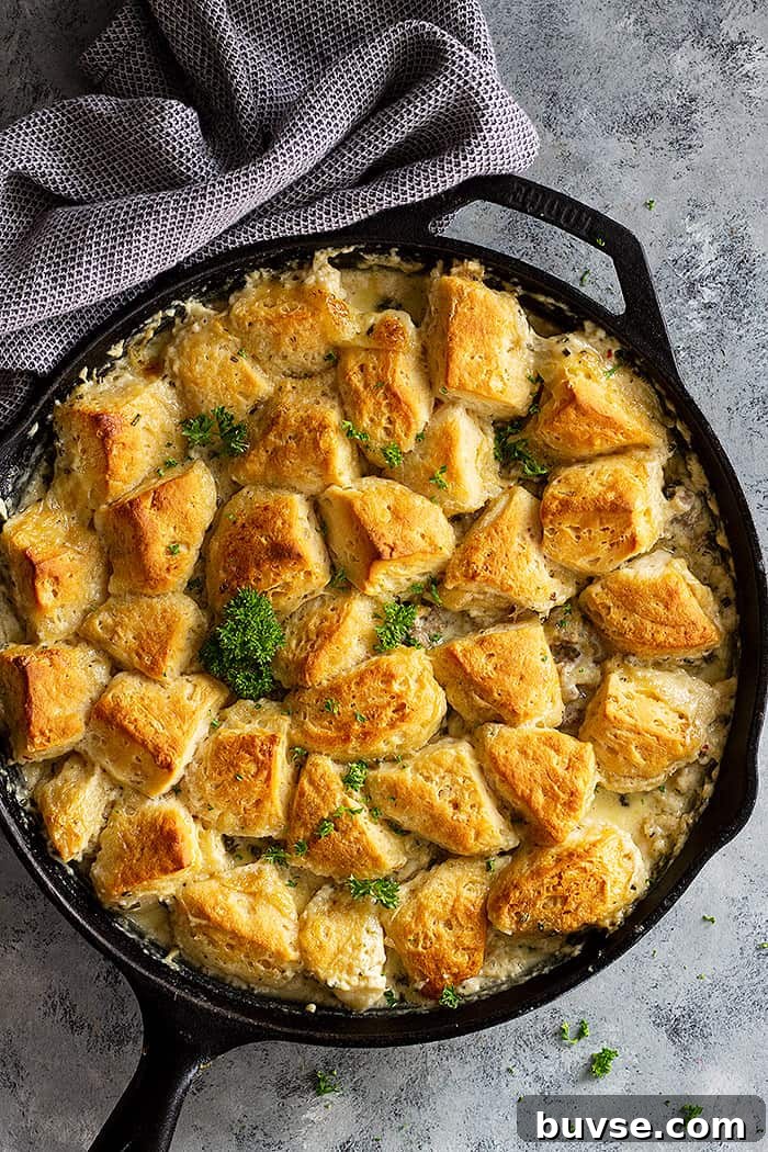 Pantry Recipes: Creative Shelf Cooking with Staples 5 Top down view of a large pan of biscuit and gravy casserole.