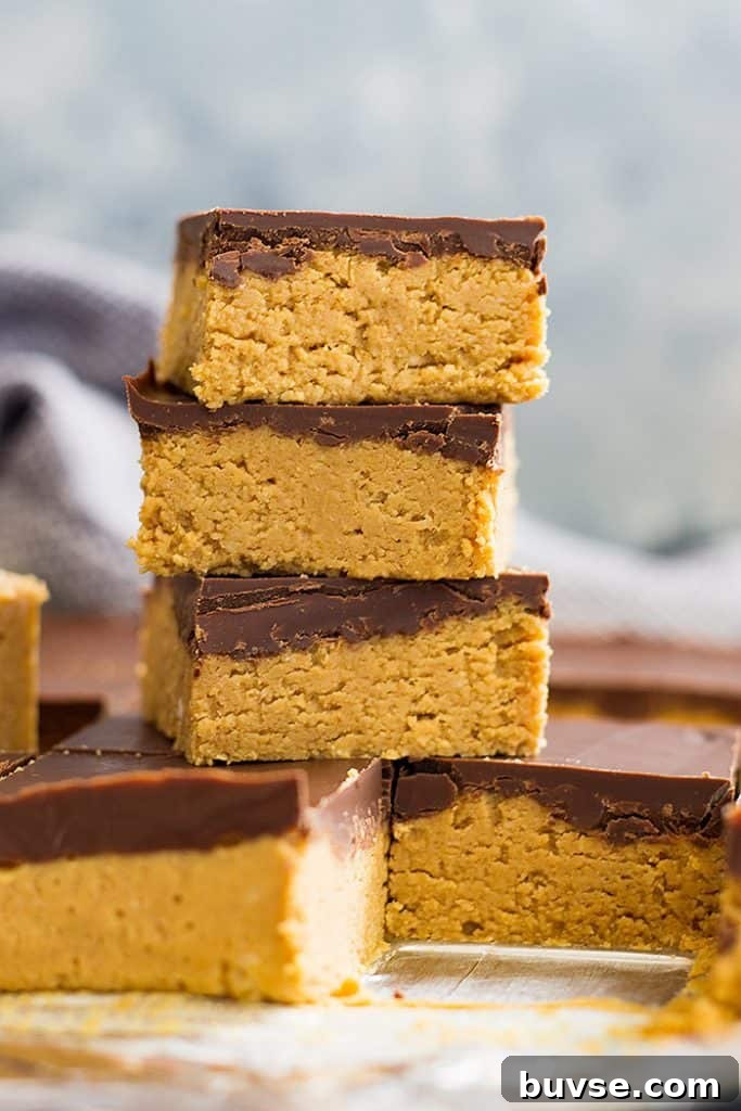 Pantry Recipes: Creative Shelf Cooking with Staples 67 No bake chocolate peanut butter bars stacked on top of each other in a tall tower.