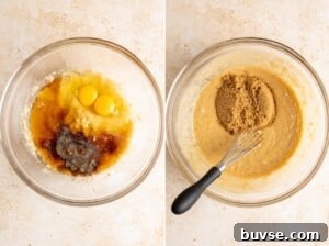One-Bowl Brown Butter Mochi Banana Bread Recipe 14 Mixing together wet ingredients for mochi banana bread.