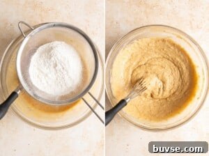 One-Bowl Brown Butter Mochi Banana Bread Recipe 15 Sift flour and dry ingredients into the wet ingredients to make mochi banana bread batter.
