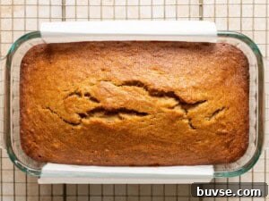 One-Bowl Brown Butter Mochi Banana Bread Recipe 17 Baked mochi banana bread in a loaf pan.