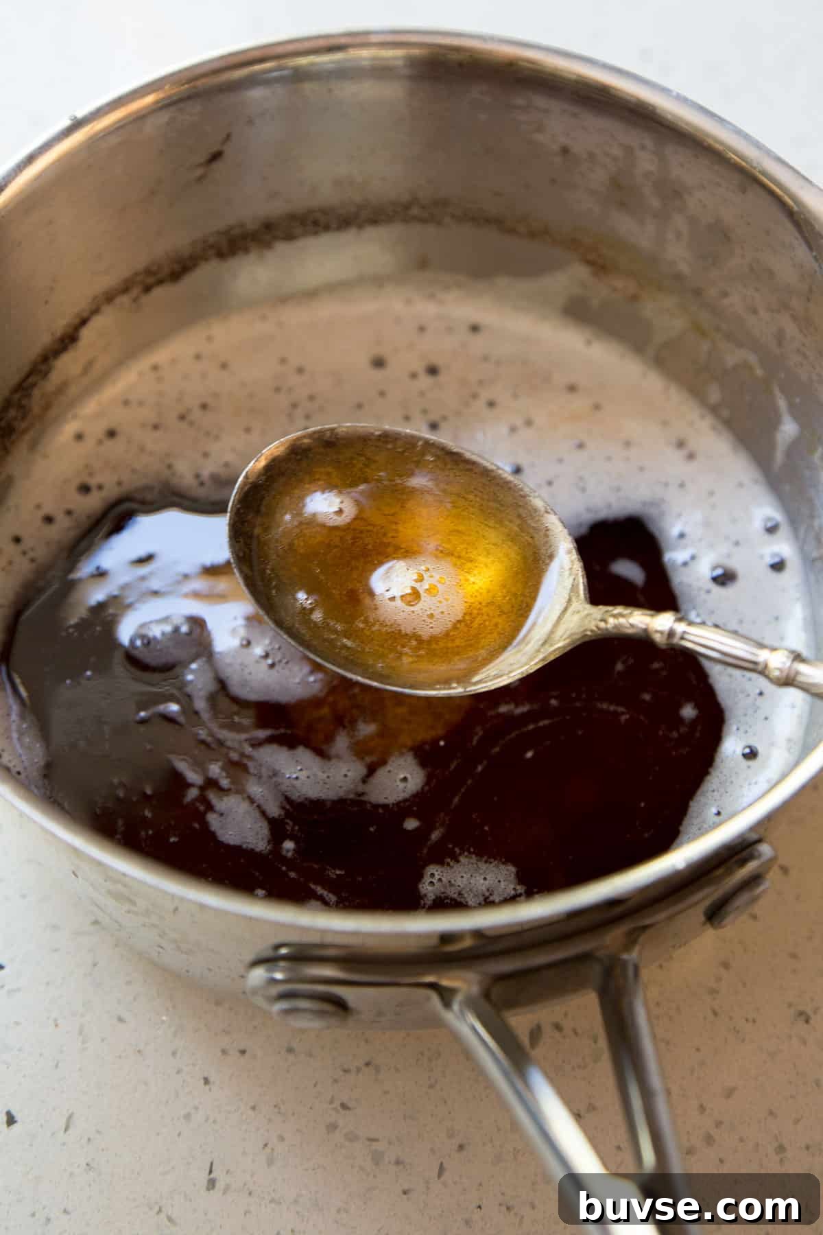 One-Bowl Brown Butter Mochi Banana Bread Recipe 4 Brown butter in a sauce pan.
