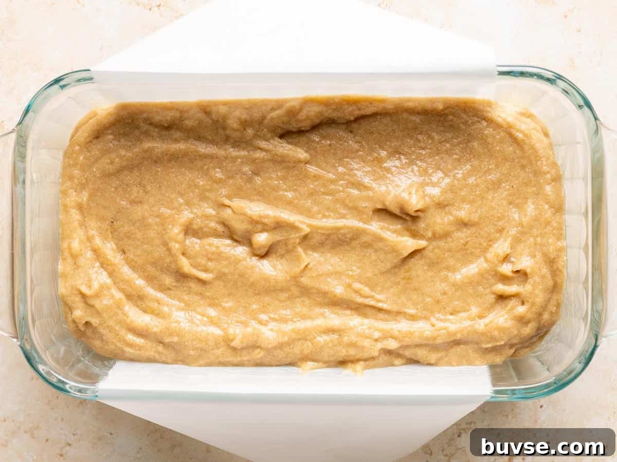One-Bowl Brown Butter Mochi Banana Bread Recipe 9 Mochi banana bread batter in a loaf pan.