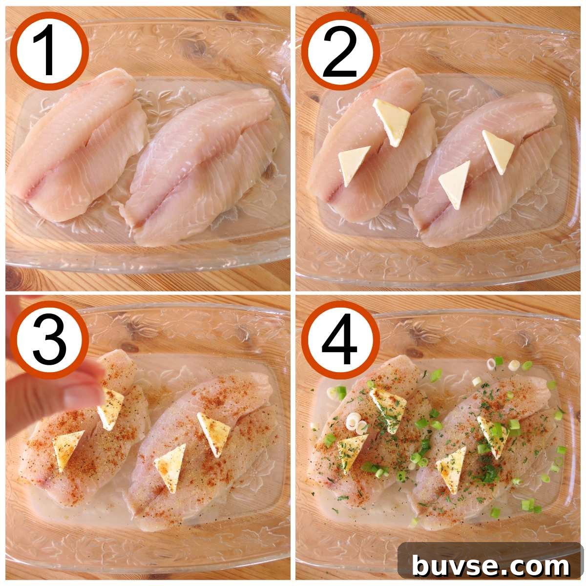 Collage of pictures to make lemon pepper tilapia 1) Tilapia filets in a baking dish, 2) Fish topped with butter taps and lemon juice, 3) Fingers sprinkling spices over the tilapia, 4) Green onions and parsley on the tilapia.