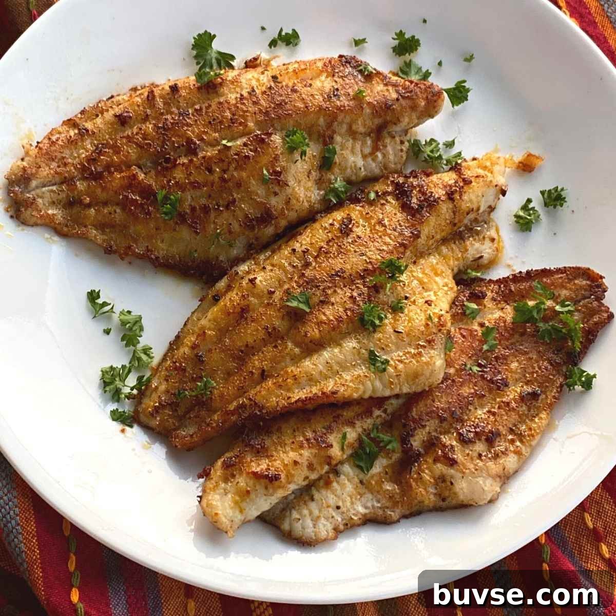 Three Cajun catfish filets on a plate.