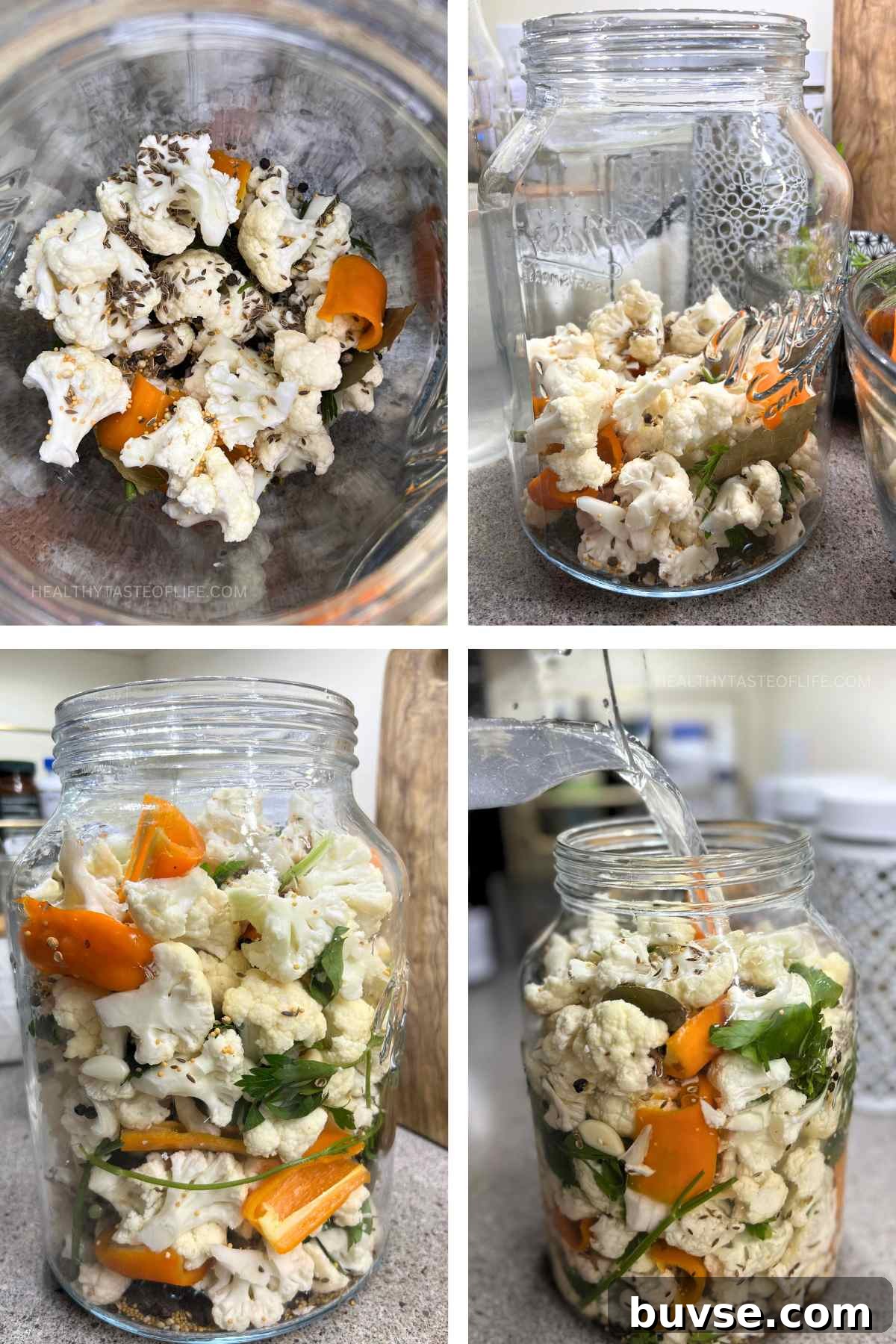 Lacto-Fermented Cauliflower Recipe: Tangy and Probiotic 5 Arrange the cauliflower florets and the rest of ingredients in layers in the jar then pour the brine.