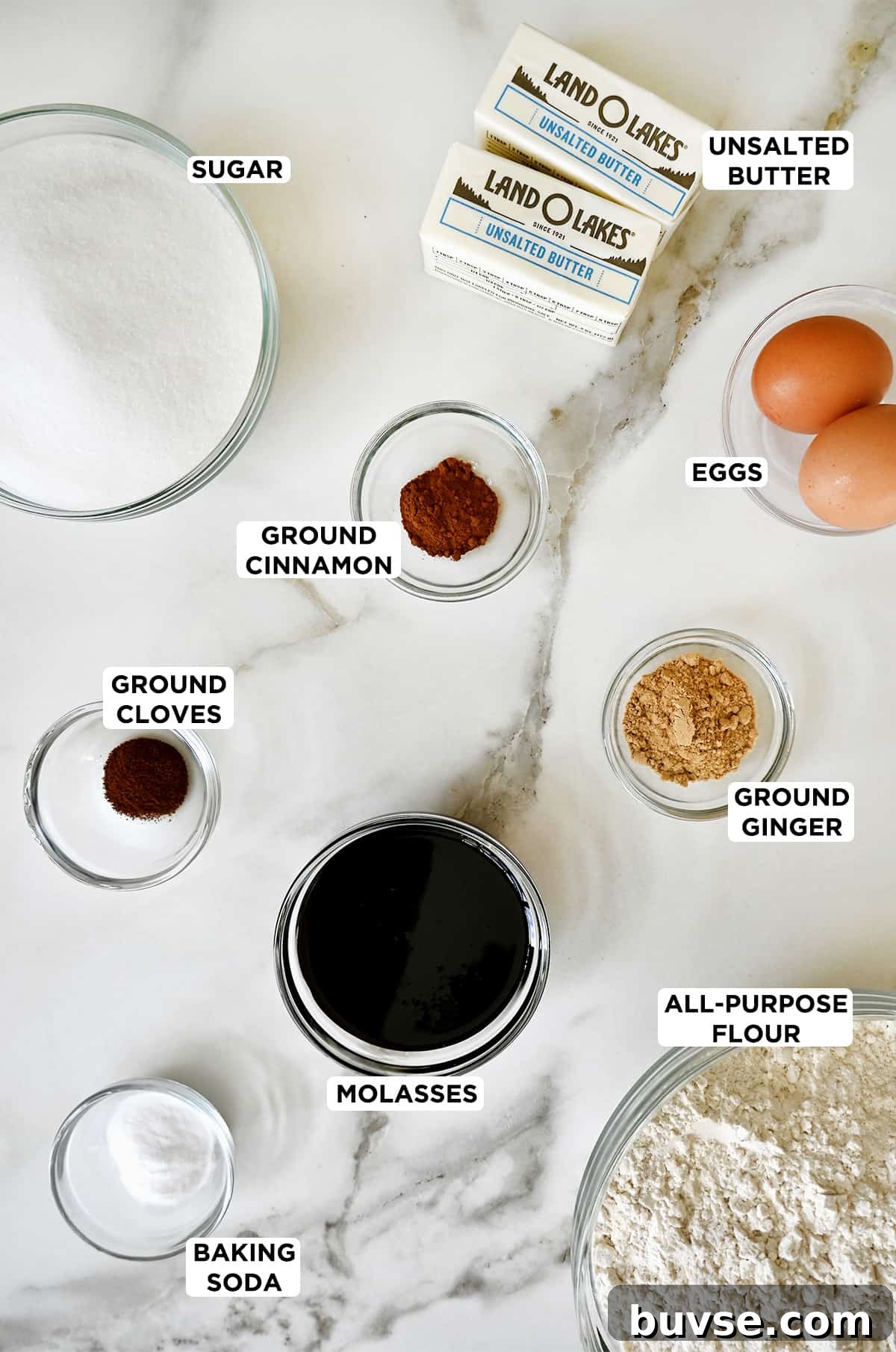Soft Chewy Ginger Cookies Recipe with Molasses and Warm Spices 3 Ingredients for making ginger cookies measured out in bowls: spices, eggs, molasses, flour and sugar.