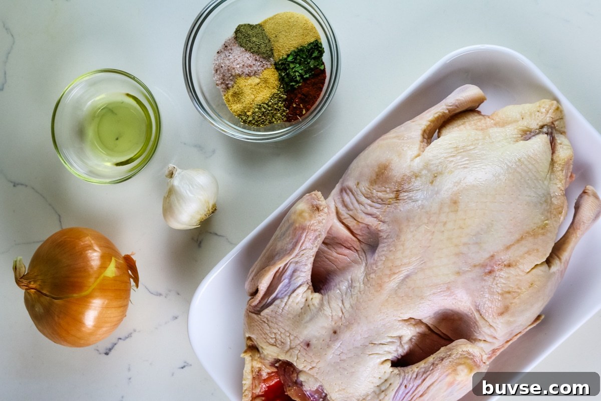 Slow Cooker Duck Recipe for Tender, Flavorful Meat 4 onion, garlic on the table, oil and seasoning on a glass bowl, and a duck on a white plate.