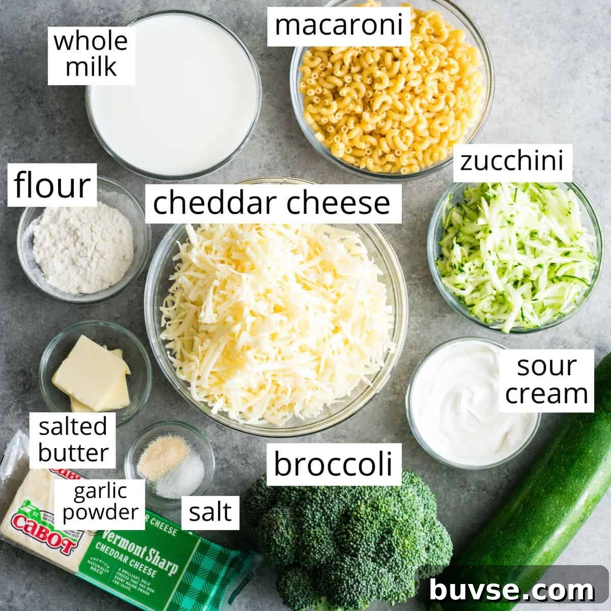 labeled ingredients for vegetable mac and cheese