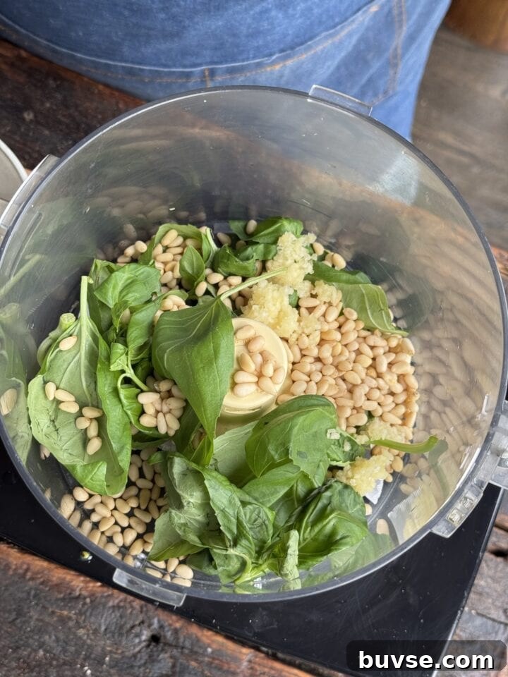 Basil and pine nuts in a food processor