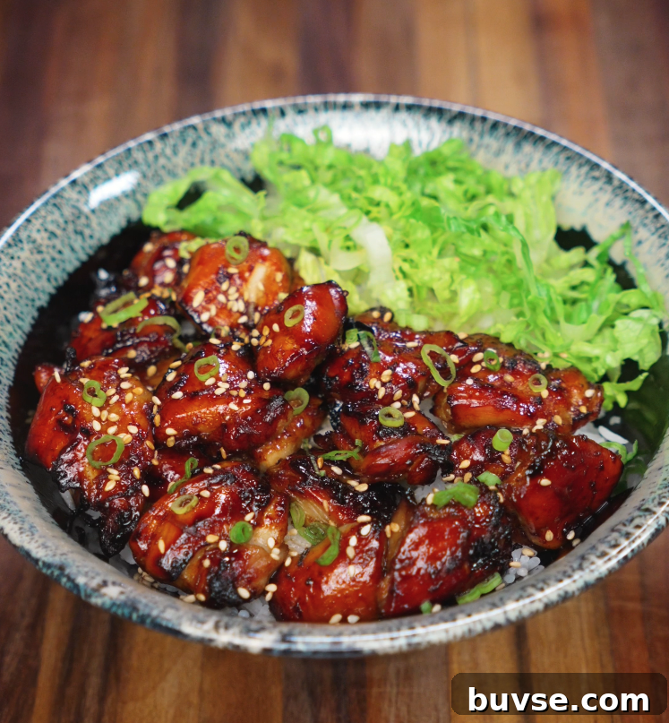A beautifully plated garlic soy chicken bowl featuring sticky glazed chicken thighs arranged over white rice and topped with scallions and sesame seeds, served with a generous portion of shredded green lettuce on the side. The chicken is deeply caramelized with a rich glaze that contrasts the fresh greens and fluffy rice base.