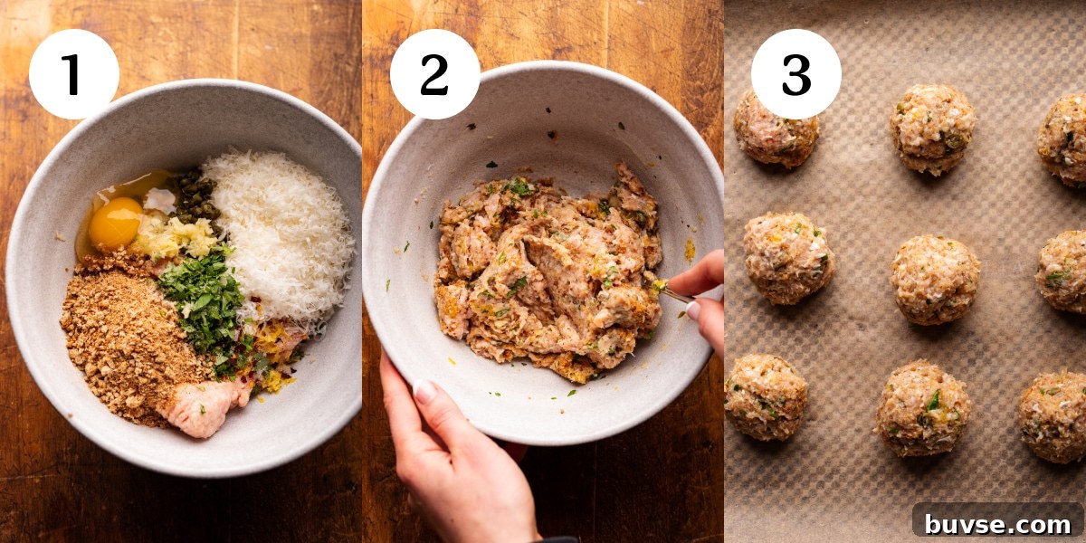 A collage of three photos showing how to make chicken piccata meatballs. The first photo is ingredients for the meatballs in a white bowl. The second photo is a hand using a spoon to stir the ingredients in the bowl together. The third photo is raw meatballs arranged on a pan lined with parchment paper.