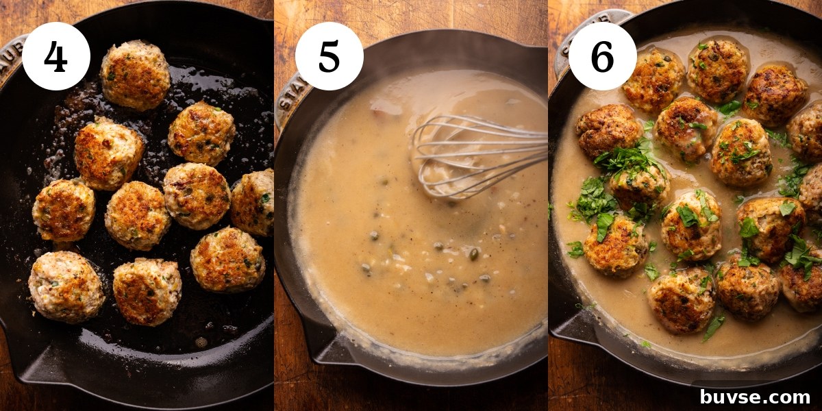 A collage of three photos showing how to make chicken piccata meatballs. The first photo is meatballs being browned in a cast iron pan. The second photo is a whisk stirring a sauce in a cast iron pan. The third photo is the browned meatballs in the pan of sauce with fresh herbs over top.