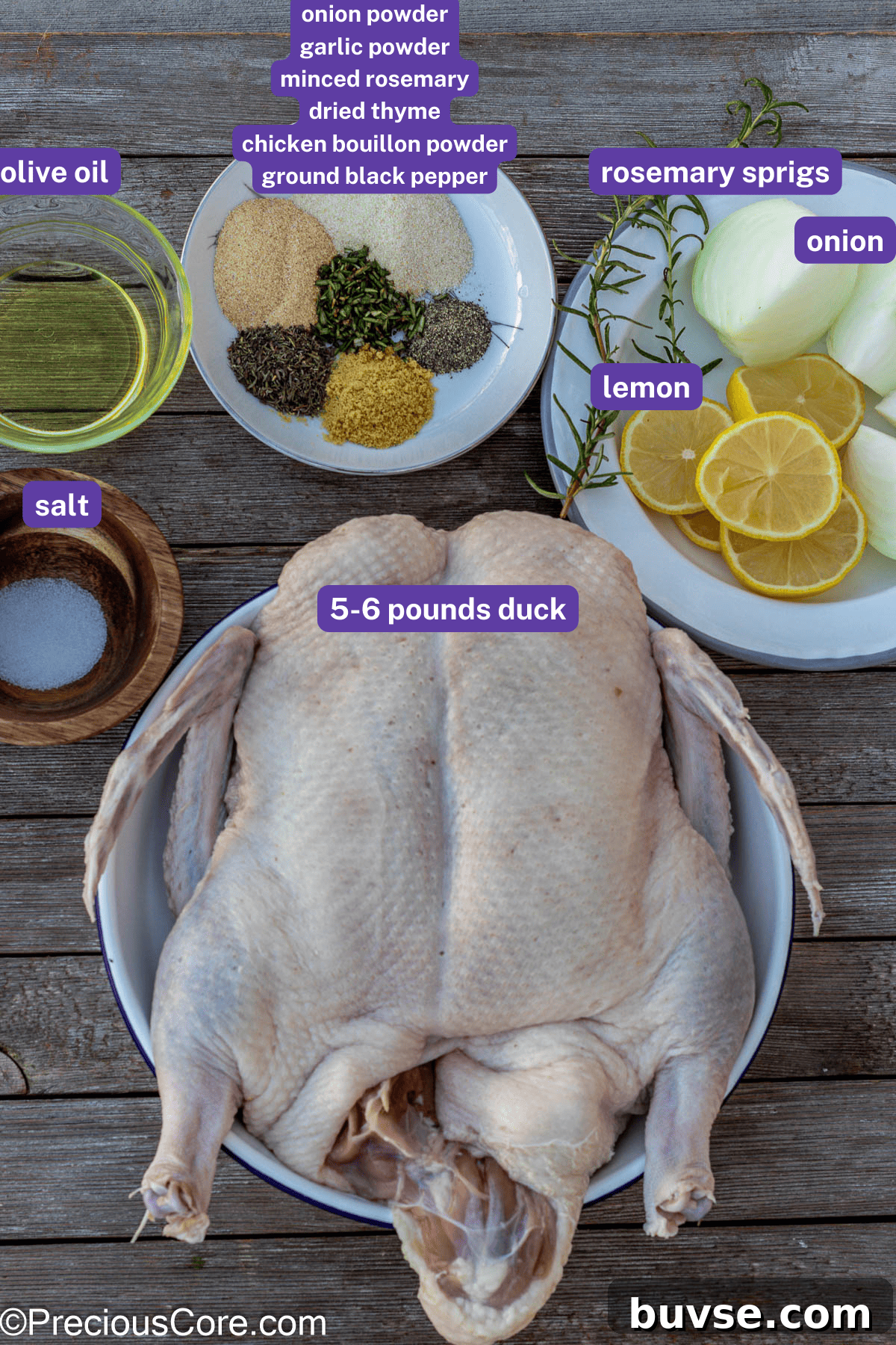 Herb Roasted Duck Recipe with Crispy Skin 5 Herb Roasted Duck ingredients with labels.