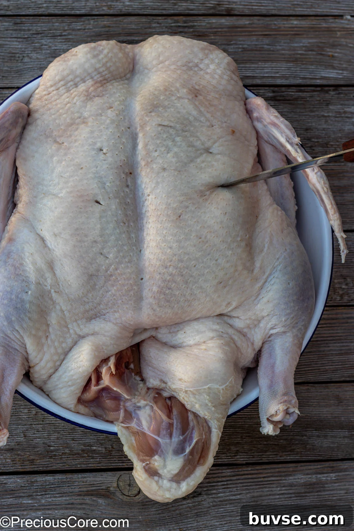 Herb Roasted Duck Recipe with Crispy Skin 6 Small knife making cuts on duck.