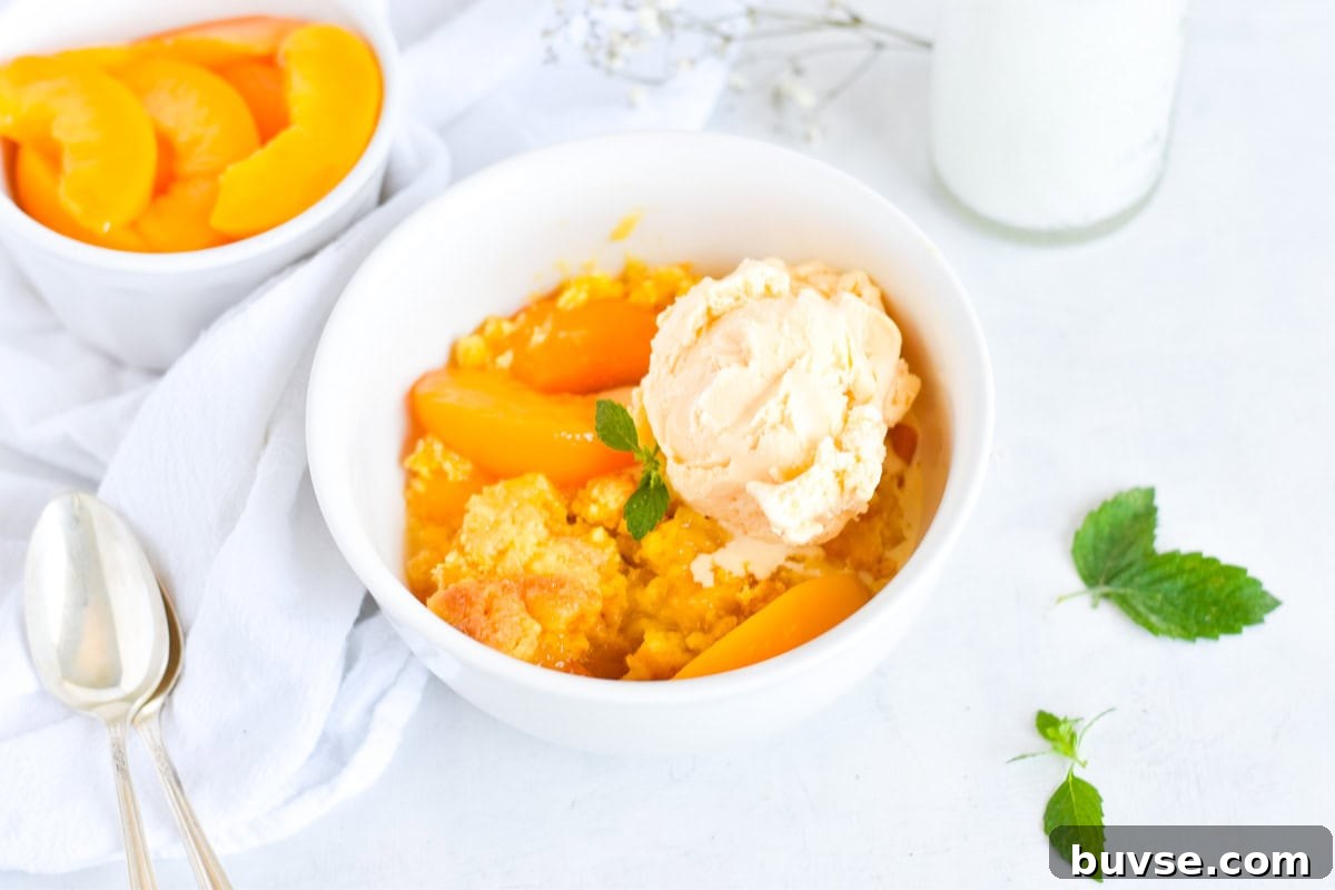 Quick Peach Cobbler with Canned Peaches and Cake Mix 8 bowl of cobbler with ice cream on top and mint leaves.