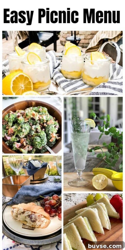 Refreshing Summer Picnic Menu Ideas to Wow Guests 10 Pinterest graphic showing five different meal courses of an Easy Picnic Menu