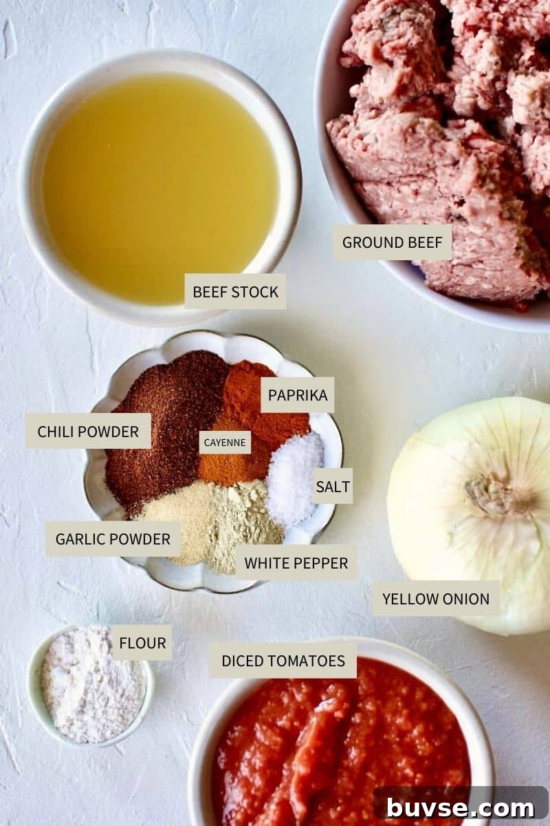 Ingredients needed to make Spicy Texas Chili.