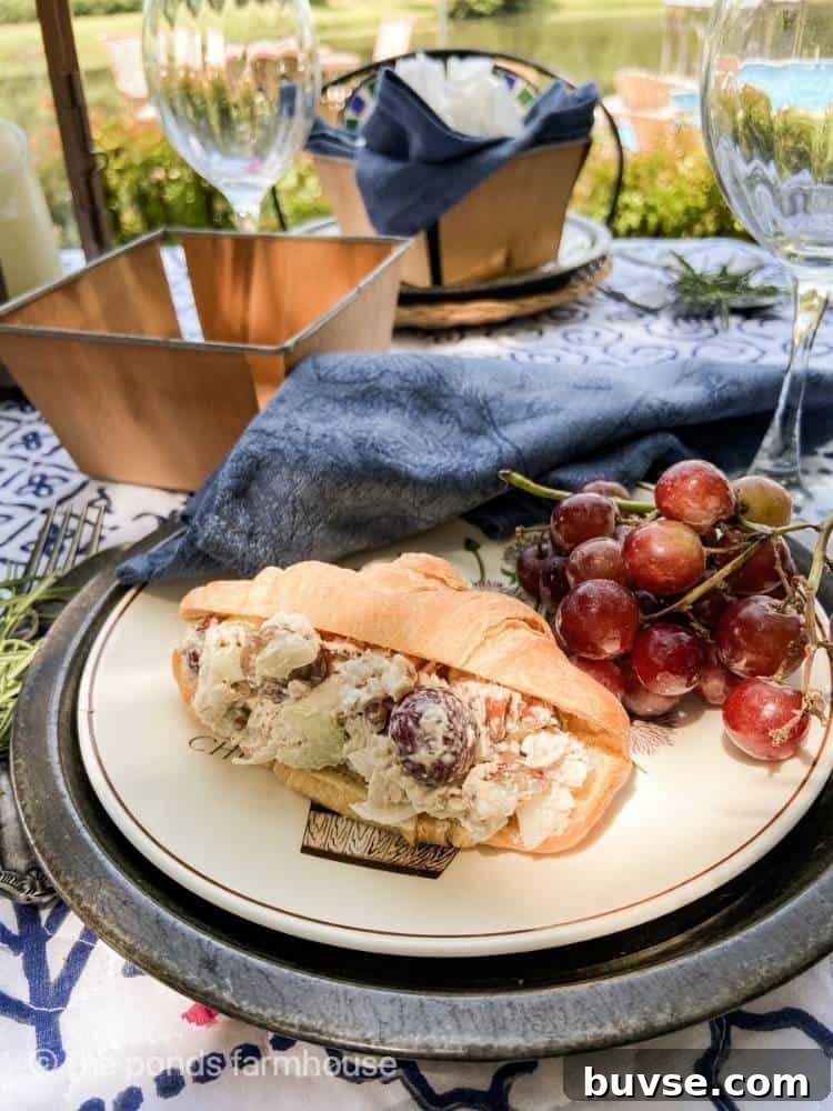 Refreshing Summer Picnic Menu Ideas to Wow Guests 6 A croissant stuffed with chicken salad sits on a plate with a bunch of red grapes. A blue cloth napkin is arranged at the top of the plate and wine glasses sit on the table with small wooden baskets.