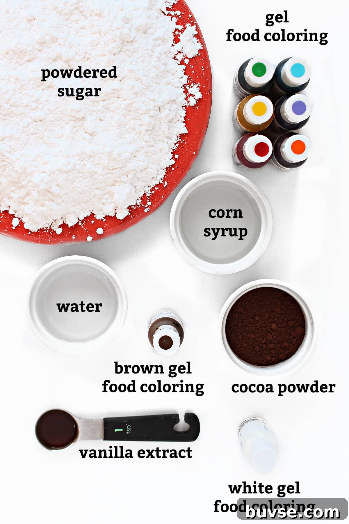 Glaze Icing Recipe for Cakes, Donuts, and Pastries 3 Ingredients: powdered sugar, food coloring, corn syrup, water, vanilla, (cocoa and brown food coloring for chocolate).