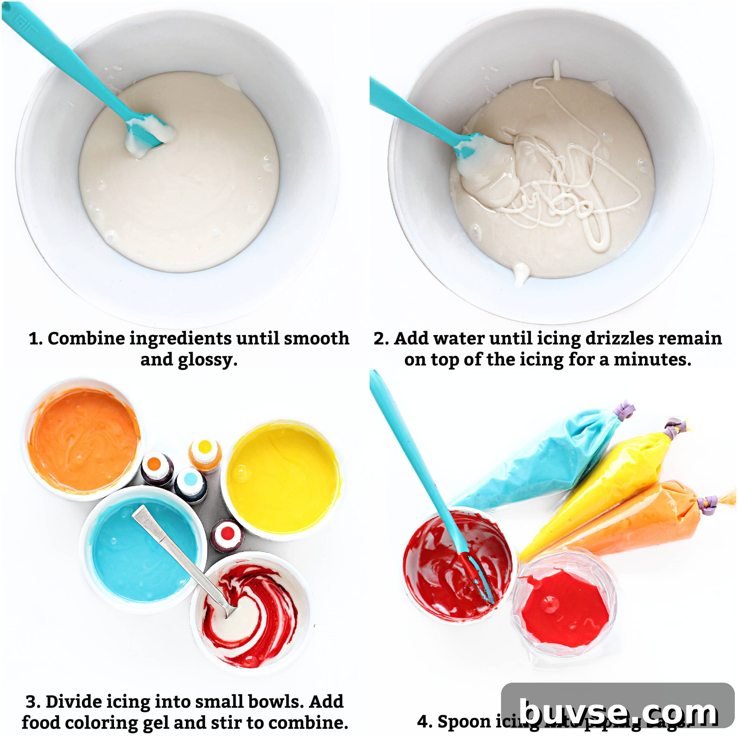 Glaze Icing Recipe for Cakes, Donuts, and Pastries 4 Recipe Instructions: combine ingredients, divide into bowls, stir in food coloring, spoon into piping bags.