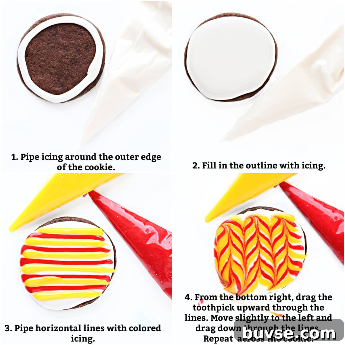 Glaze Icing Recipe for Cakes, Donuts, and Pastries 6 Marbled instructions: pipe outline, flood, pipe colored horizontal lines, drag toothpick up then down through lines.