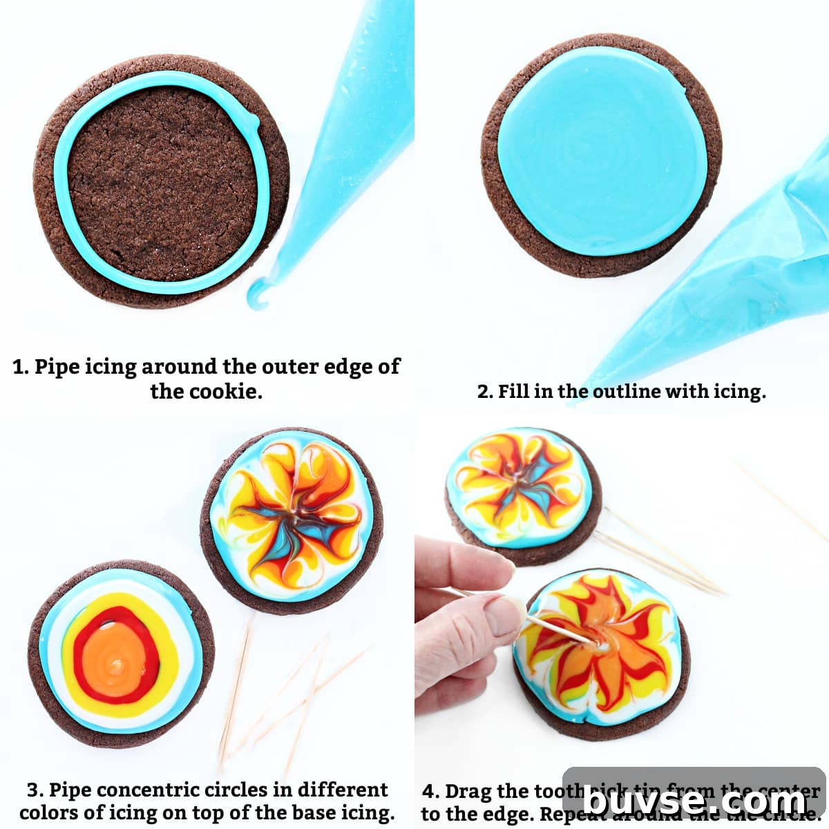 Glaze Icing Recipe for Cakes, Donuts, and Pastries 7 Tie dye instructions: pipe outline, flood, pipe colored concentric circles, drag toothpick center to edge.