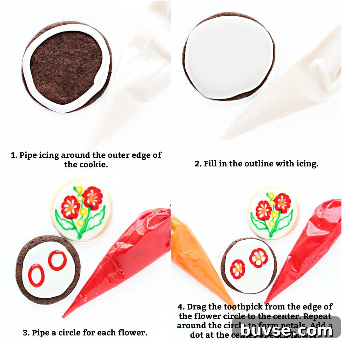 Glaze Icing Recipe for Cakes, Donuts, and Pastries 8 Flower instructions: pipe outline, flood, pipe colored circles, drag toothpick edge to center, dot at center.