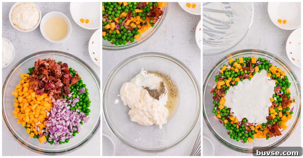 Collage of mixing ingredients in a bowl.