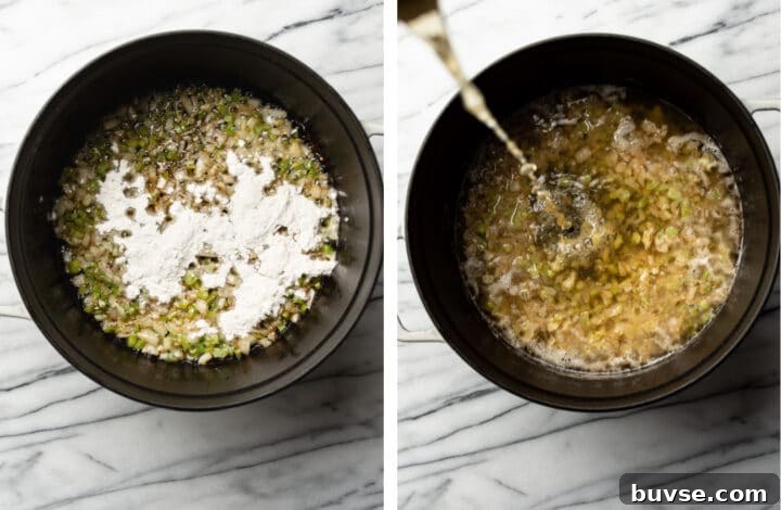 making a roux and adding chicken broth to a pot