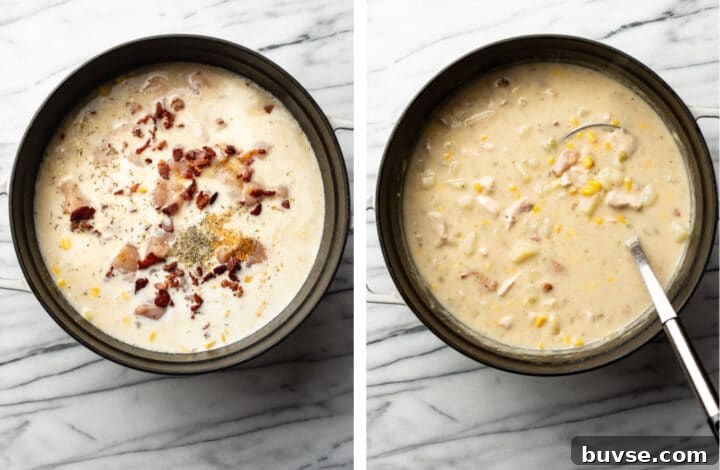 adding bacon to chicken and corn chowder