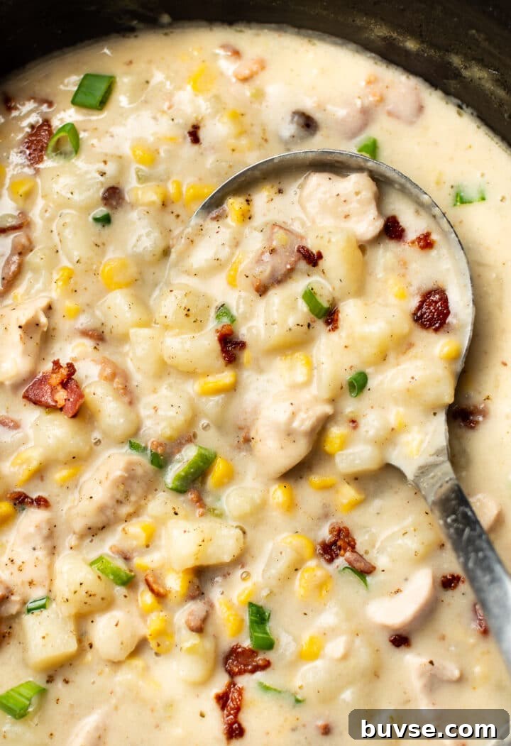 close up of a ladle of chicken and corn chowder