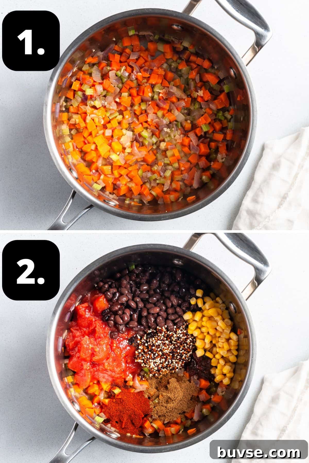 Steps 1-2 of preparing this recipe - cooking the onion, carrot and celery and adding the other ingredients to a large saucepan.