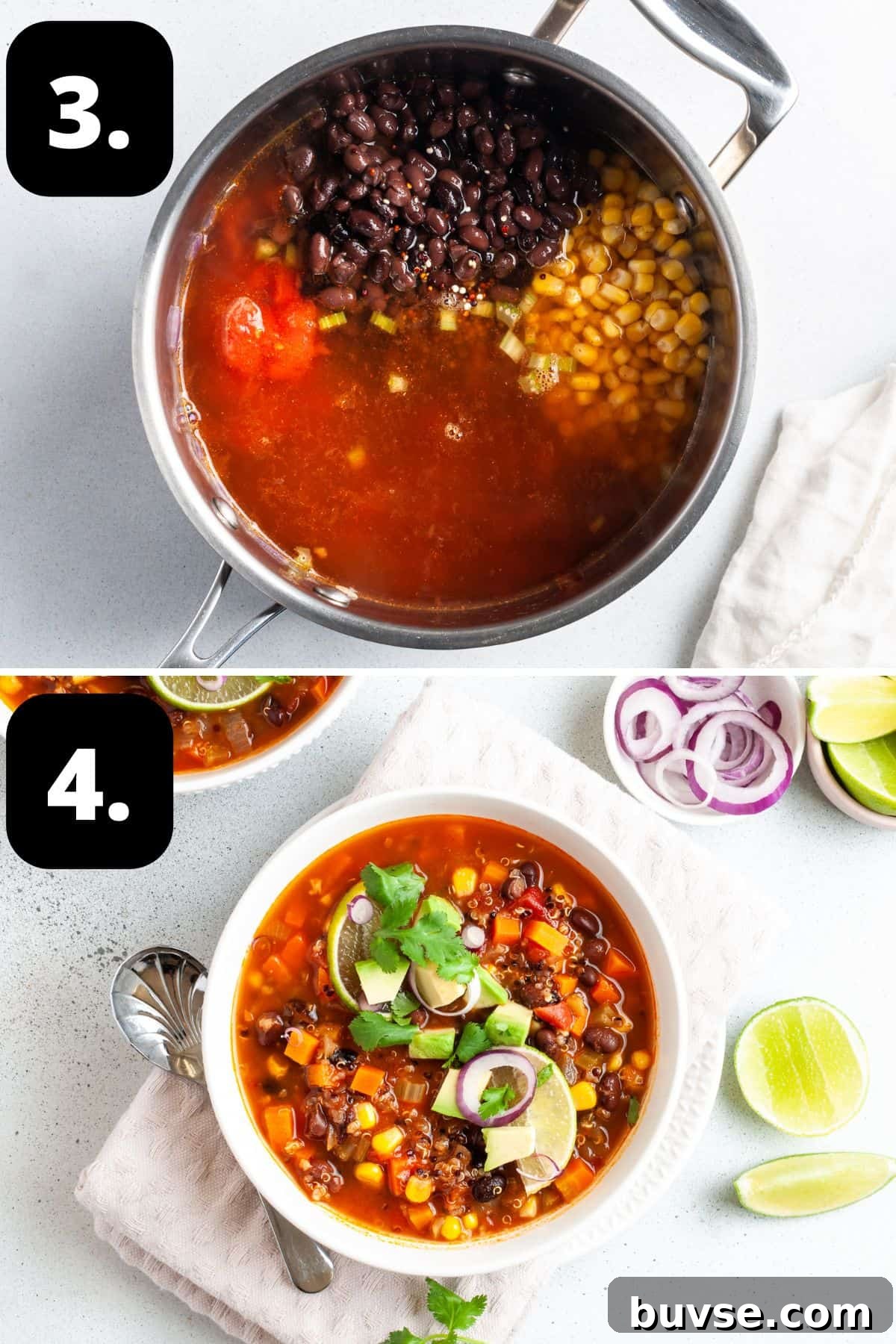 Steps 3-4 of preparing this recipe - the soup ingredients ready to simmer and the finished dish ready to eat.