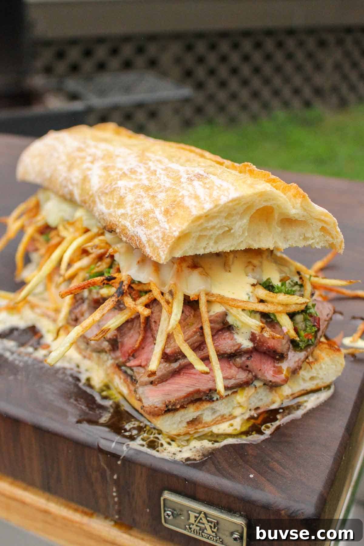 The steak frites sandwich prepared and ready to serve.