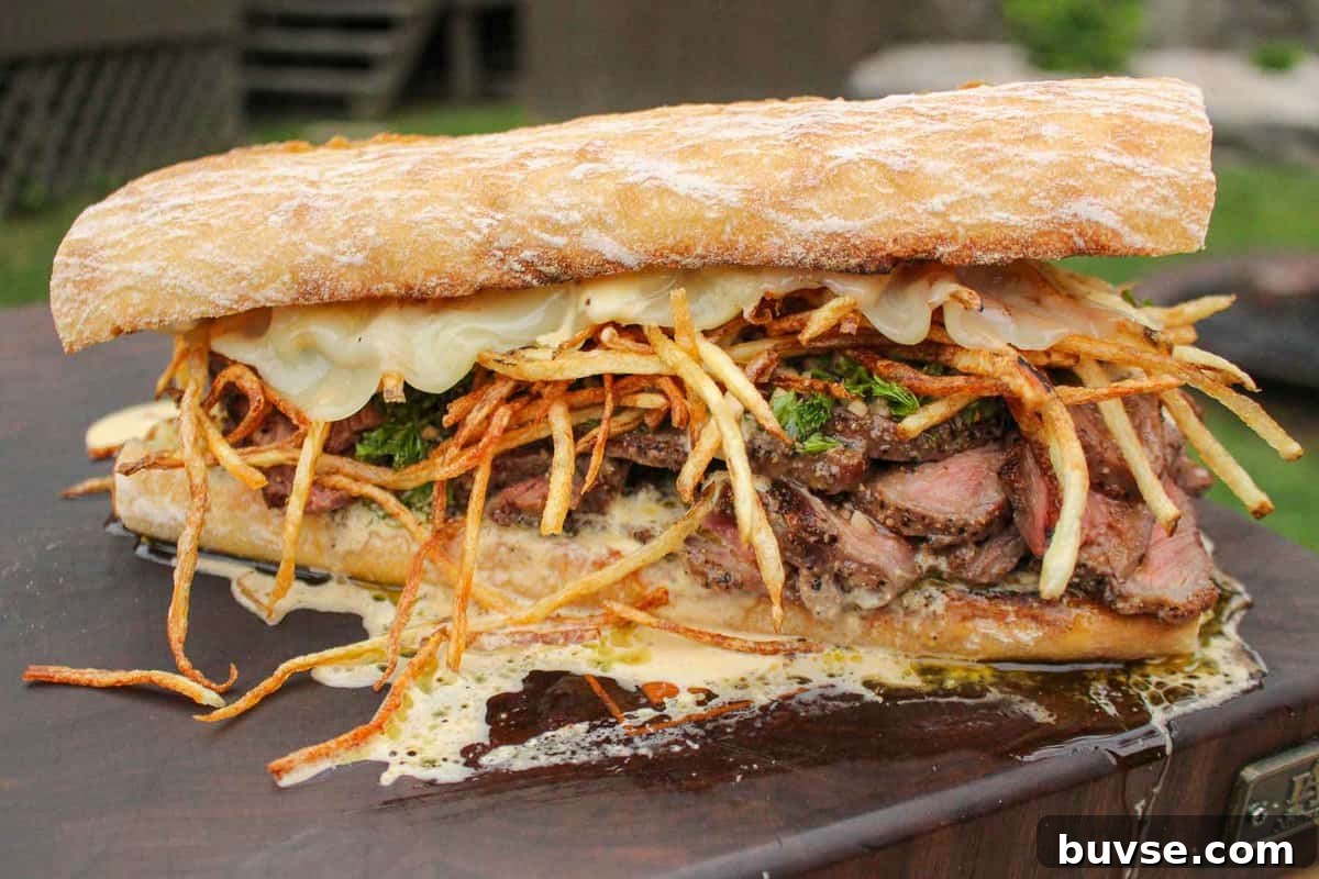 A side profile of the steak frites sandwich.