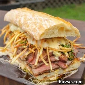 The steak frites sandwich prepared and ready to serve.