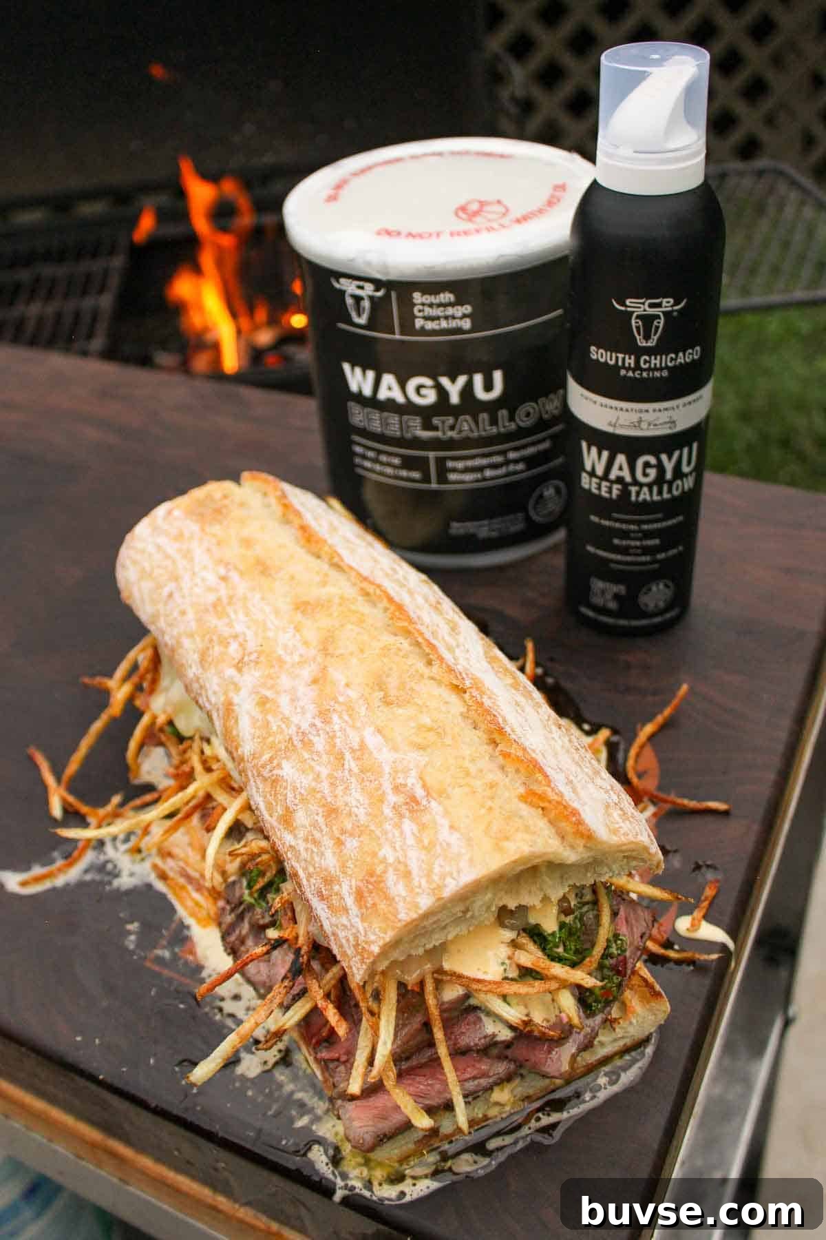 A shot with the finished Steak Frites Sandwich with the South Chicago Packing products.