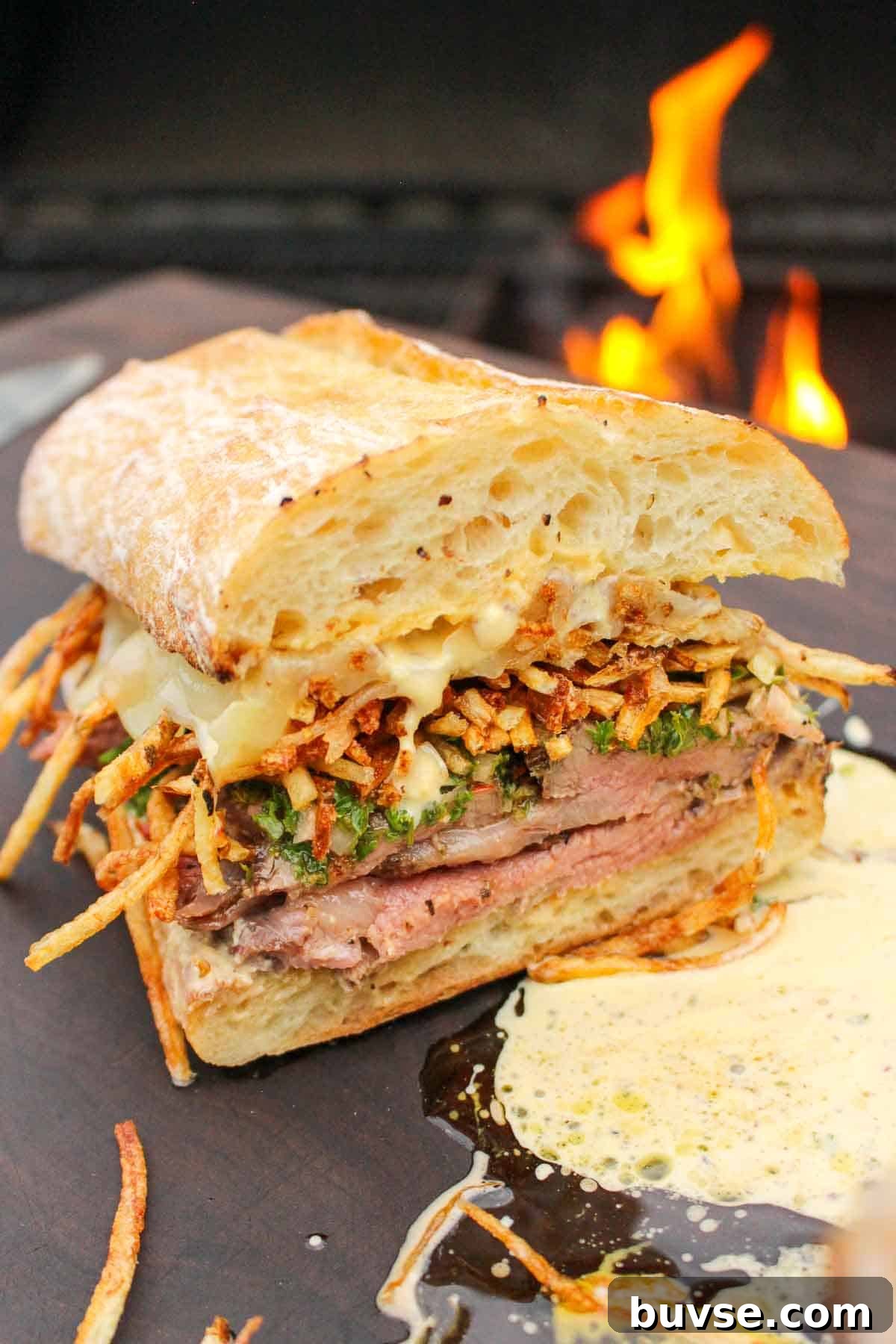 A shot of the sliced sandwich.
