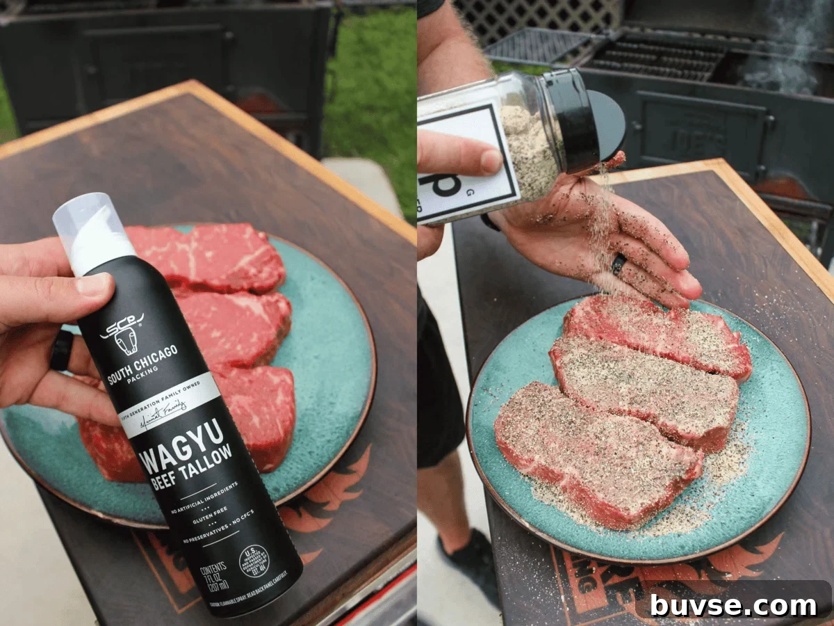 Spraying the beef tallow onto the steaks and then seasoning them with salt, pepper and garlic.