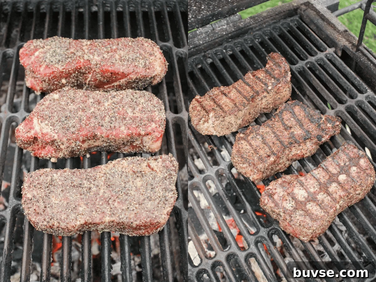 Grilling the steaks over the hot coals.