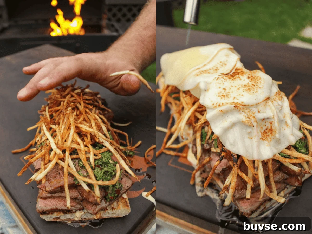 Assembling the steak frites sandwich.