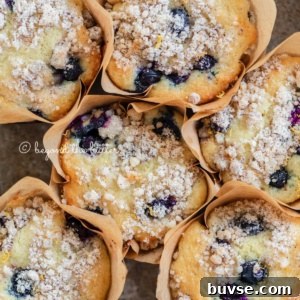 Bakery-Style Lemon Blueberry Muffins with Streusel Topping 17 Baking tray filled with bakery style lemon blueberry muffins garnished with slices of lemons and blueberries.